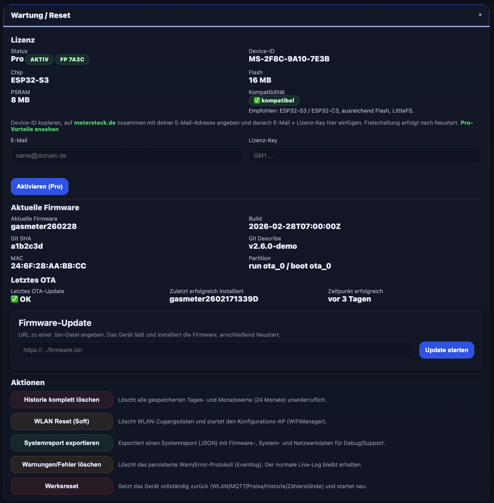 Dashboard: Wartung und Reset
