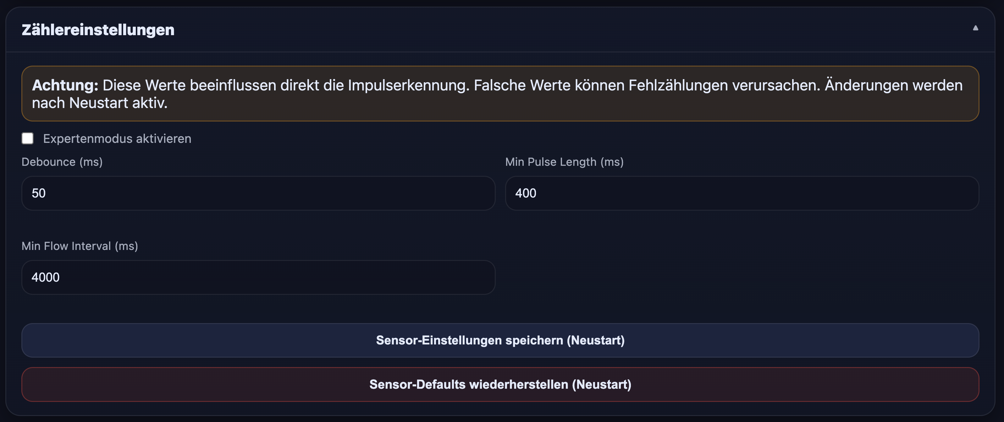 Dashboard: Zählereinstellungen